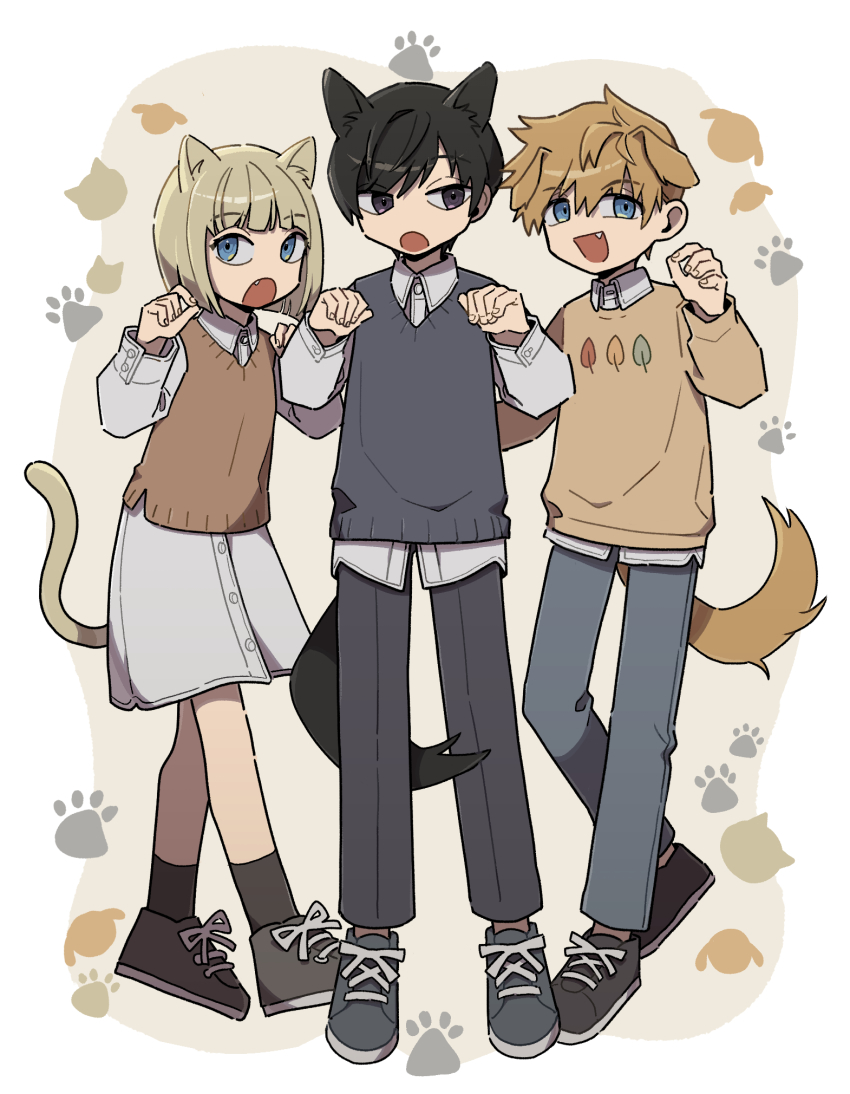 1girl 2boys :d :o animal_ears between_legs black_footwear black_hair black_socks blonde_hair blue_footwear brown_hair brown_sweater_vest cat_ears cat_girl cat_tail collared_dress collared_shirt commentary dog_boy dog_ears dog_tail dress dress_shirt extra_ears fang full_body grey_footwear grey_pants grey_sweater_vest hands_up highres hiyami_aki inukai_sumiharu kemonomimi_mode long_sleeves looking_at_viewer multiple_boys nana_0253 open_mouth pants paw_pose paw_print shirt shoes short_hair sideways_glance smile sneakers socks standing sweater sweater_vest symbol-only_commentary tail tail_between_legs tsuji_shinnosuke untucked_shirt white_dress white_shirt world_trigger
