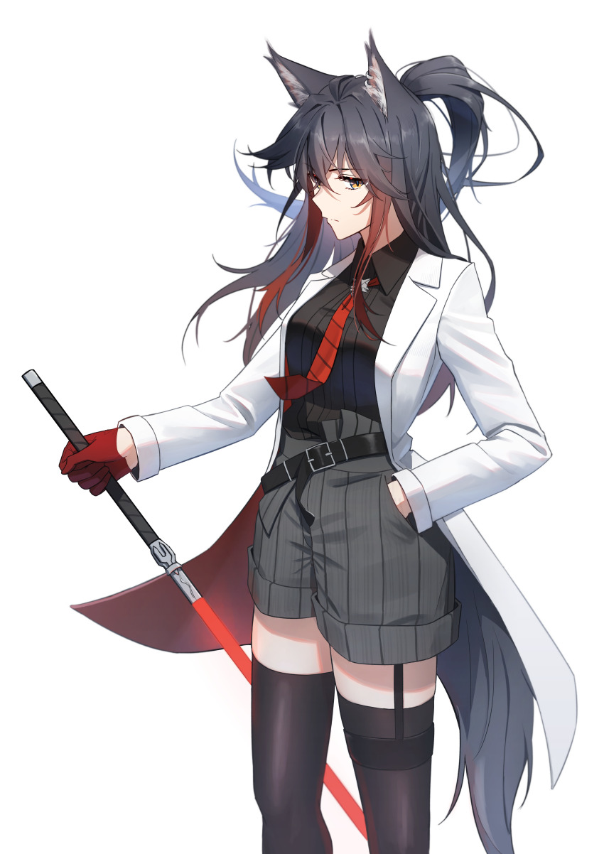 absurdres animal_ear_fluff animal_ears arknights belt black_belt black_garter_straps black_hair black_shirt black_thighhighs brown_eyes collared_shirt dconan_owo garter_straps grey_shorts hair_between_eyes high-waist_shorts highres holding holding_sword holding_weapon jacket long_hair necktie open_clothes open_jacket red_necktie shirt shirt_tucked_in shorts simple_background striped_clothes striped_necktie striped_shirt striped_shorts sword tail texas_(arknights) thighhighs two-sided_fabric two-sided_jacket vertical-striped_clothes vertical-striped_shirt vertical-striped_shorts weapon white_background white_jacket wolf_ears wolf_girl wolf_tail