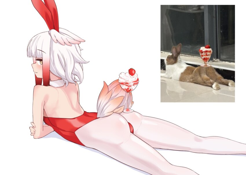 1girl ass bird_tail blunt_bangs blush cup_on_ass detached_collar food head_wings highres japanese_crested_ibis_(kemono_friends) kemono_friends leotard looking_at_viewer multicolored_hair pantyhose parfait photo-referenced rabbit red_hair red_leotard reference_inset saya_ayasu sidelocks solo tail white_hair white_pantyhose wings yellow_eyes