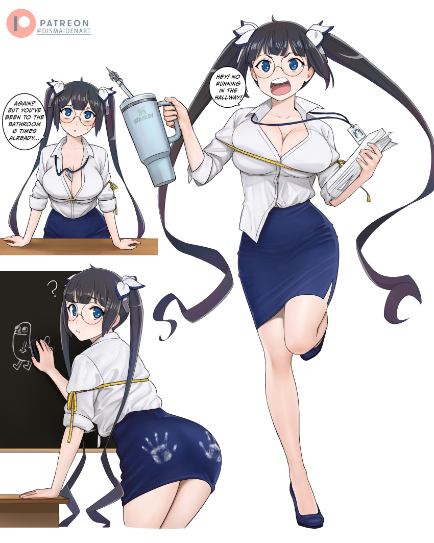 1girl ? absurdres ahoge alternate_costume arm_support ass bespectacled between_breasts black_hair blue_eyes blue_footwear blue_skirt board_eraser breasts chalk_mark chalkboard cleavage closed_mouth collared_shirt commentary cropped_legs cup dickbutt dismaiden dress_shirt dungeon_ni_deai_wo_motomeru_no_wa_machigatteiru_darou_ka english_commentary english_text full_body glasses hair_ornament hestia_(danmachi) highres holding holding_cup holding_paper id_card lanyard large_breasts leaning_forward light_blush long_hair looking_at_viewer multiple_views open_mouth paper parted_lips partially_unbuttoned patreon_logo pencil_skirt round_eyewear running shirt shirt_partially_tucked_in shirt_tucked_in short_eyebrows simple_background skirt sleeves_rolled_up speech_bubble sweatdrop tape_measure teacher teeth tongue twintails twitter_username v-shaped_eyebrows very_long_hair white_background white_shirt