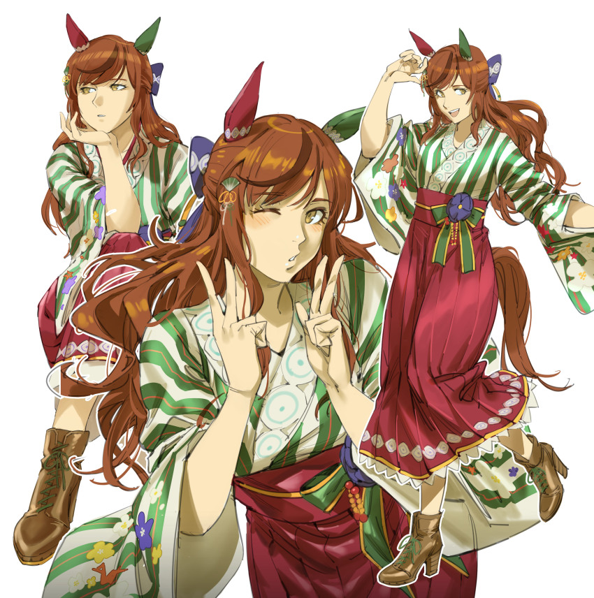 1girl absurdres animal_ears blush brown_eyes brown_footwear commentary_request cowboy_shot double_v ear_covers full_body hair_between_eyes hair_ornament head_rest highres horse_ears horse_girl horse_tail japanese_clothes kimono long_sleeves looking_at_viewer multiple_views nice_nature_(converging_wishes)_(umamusume) nice_nature_(umamusume) official_alternate_costume official_alternate_hairstyle one_eye_closed open_mouth red_hair ruukii_drift shoes simple_background smile standing tail umamusume v white_background