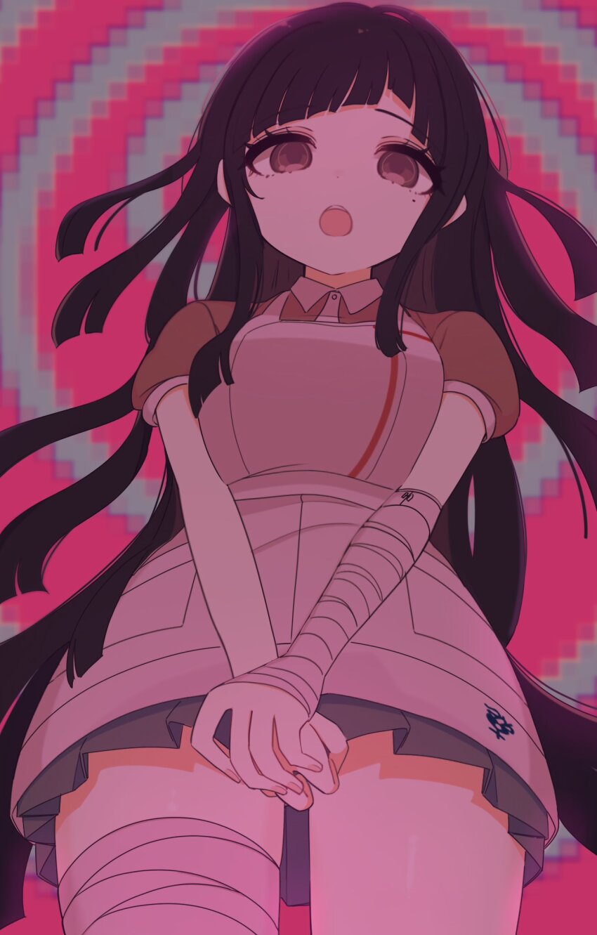 1girl :o apron bandaged_arm bandaged_leg bandages black_hair breasts chi_gu collared_shirt cowboy_shot danganronpa_(series) danganronpa_2:_goodbye_despair from_below highres large_breasts long_hair looking_at_viewer mole mole_under_eye open_mouth pink_shirt pleated_skirt puffy_short_sleeves puffy_sleeves shirt short_sleeves skirt solo teeth tsumiki_mikan upper_teeth_only