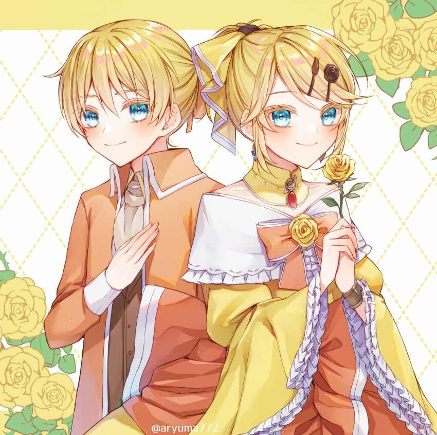 1boy 1girl aku_no_meshitsukai_(vocaloid) aku_no_musume_(vocaloid) allen_avadonia aqua_eyes aryuma772 ascot back_bow black_flower black_rose blue_eyes bow brooch brother_and_sister brown_ascot brown_vest choker coat collared_coat collared_jacket dress dress_bow dress_flower evillious_nendaiki floral_background flower flower_brooch frilled_sleeves frills gem hair_between_eyes hair_bow hair_ornament hairclip hand_on_own_chest highres holding holding_flower jacket jewelry kagamine_len kagamine_rin looking_at_viewer off-shoulder_dress off_shoulder orange_bow orange_coat orange_jacket orange_ribbon own_hands_together ponytail puffy_sleeves red_gemstone ribbon riliane_lucifen_d&#039;autriche rose short_ponytail siblings smile swept_bangs twins twitter_username vest vocaloid waist_ribbon wide_sleeves yellow_bow yellow_choker yellow_dress yellow_flower yellow_rose
