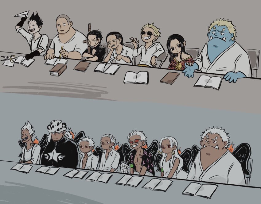 2girls 6+boys bartholomew_kuma black_gloves black_hair black_wings blonde_hair boa_hancock book buzz_cut closed_eyes commentary_request crocodile_(one_piece) donquixote_doflamingo dracule_mihawk dress f4ylu fire gecko_moria gloves hair_up highres jinbe_(one_piece) long_hair looking_ahead multiple_boys multiple_girls one_piece red_eyes s-bear s-crocodile s-flamingo s-gecko s-hawk s-shark s-snake scissors seraphim_(one_piece) short_hair sitting stitched_face stitches sweatdrop very_short_hair white_dress white_hair wings