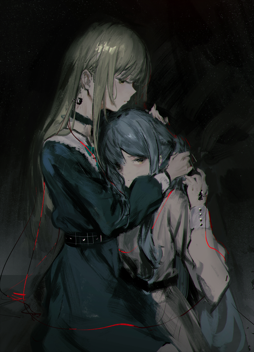 2girls absurdres bang_dream! bang_dream!_it&#039;s_mygo!!!!! blonde_hair blue_hair blush commentary dark_background dress eyelashes from_side hair_between_eyes hair_ribbon head_hug highres lemtun long_hair long_sleeves looking_at_viewer multiple_girls profile ribbon togawa_sakiko very_long_hair wakaba_mutsumi yellow_eyes