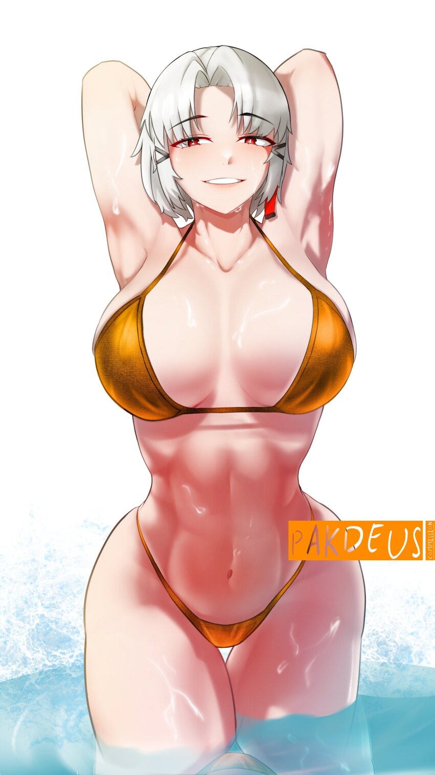 1girl abs absurdres alternate_breast_size armpits arms_up bikini breasts cleavage collarbone drake_(nikke) goddess_of_victory:_nikke gold_bikini hair_ornament highres huge_breasts looking_at_viewer midriff pakdeus red_eyes short_hair sidelocks simple_background smile solo swimsuit white_hair
