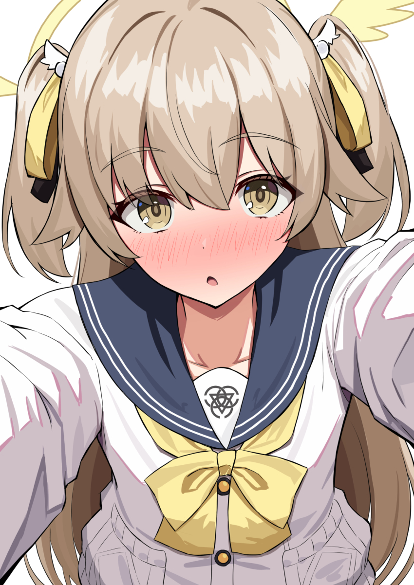 1girl alternate_hairstyle amenocchi blue_archive blue_sailor_collar blush bow cardigan colored_eyelashes commentary_request hair_between_eyes hifumi_(blue_archive) highres long_hair looking_at_viewer open_mouth reaching reaching_towards_viewer sailor_collar sidelocks solo two_side_up white_cardigan yellow_bow yellow_eyes