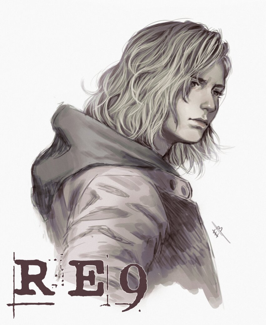 1girl absurdres closed_mouth commentary english_commentary ericson_blum eyelashes grace_ashcroft highres hood hoodie medium_hair resident_evil resident_evil_requiem simple_background solo upper_body wavy_hair white_background