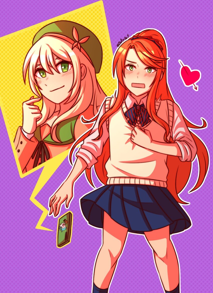 2girls alternate_costume blonde_hair celine_(fire_emblem) commentary english_commentary etie_(fire_emblem) fire_emblem fire_emblem_engage green_eyes highres long_hair multiple_girls nintendo orange_hair pleated_skirt princess skirt vest zefirart