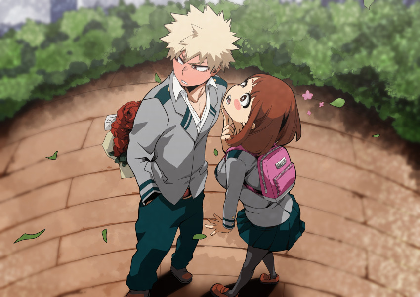 1boy 1girl backpack bag bakugou_katsuki belt blonde_hair blush boku_no_hero_academia bouquet breasts brown_eyes brown_hair collared_shirt dimples flower hand_in_pocket hetero highres krumbs_(dailykrumbs) large_breasts medium_hair necktie pectoral_cleavage pectorals red_eyes rose school_uniform shirt shoes short_hair skirt spiked_hair u.a._school_uniform uraraka_ochako