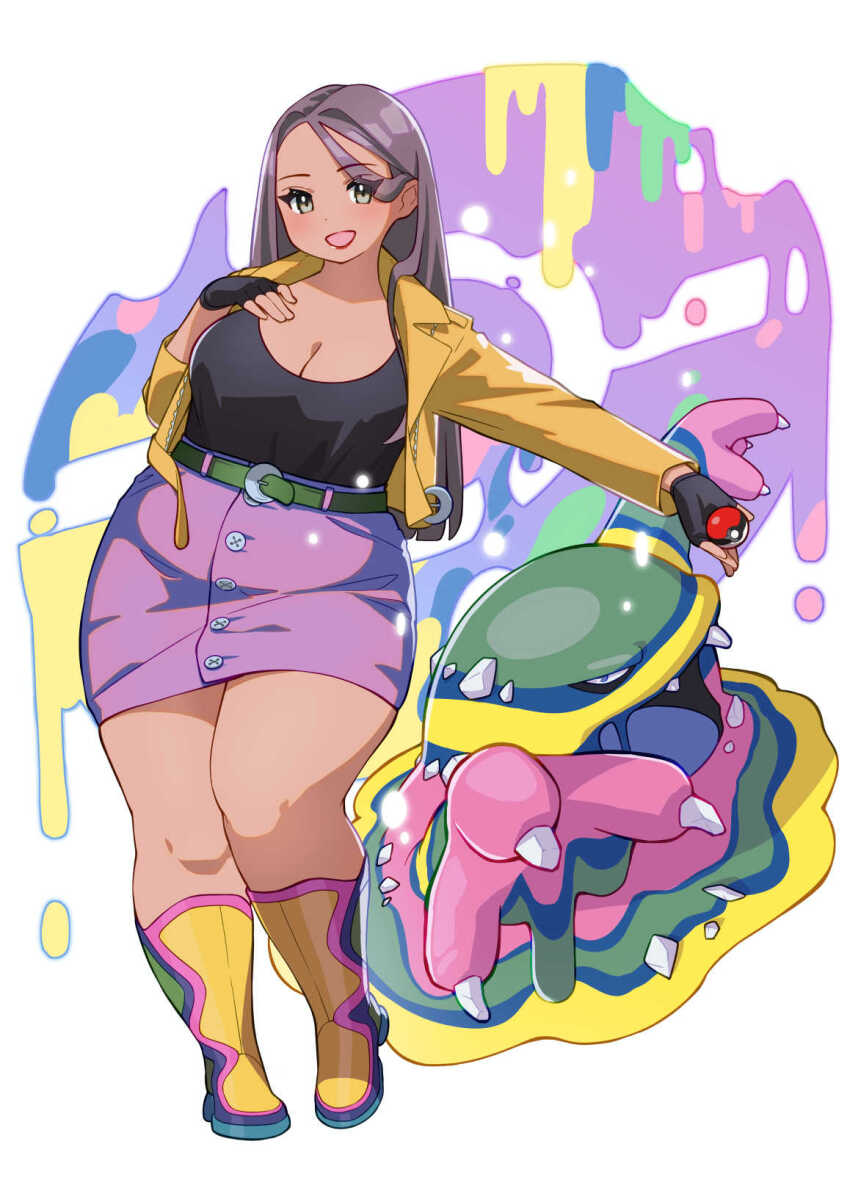 1girl akina_bbw alolan_form alolan_muk belt black_gloves black_shirt boots breasts brown_eyes brown_hair cleavage commission fingerless_gloves gen_7_pokemon gloves hand_on_own_chest highres holding jacket large_breasts leaning_to_the_side long_hair long_sleeves looking_at_viewer open_mouth original pencil_skirt pink_skirt plump poke_ball pokemon shirt simple_background skeb_commission skirt smile standing thick_thighs thighs white_background wide_hips yellow_jacket
