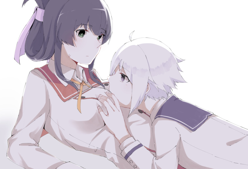 2girls ahoge between_breasts blush breasts closed_mouth collared_shirt commentary_request folded_ponytail from_side grabbing_another&#039;s_breast green_eyes grey_hair groping hair_between_eyes head_between_breasts itomi_sayaka jouhou large_breasts long_sleeves looking_at_another minoseki_gakuin_uniform multiple_girls neck_ribbon orange_ribbon purple_eyes purple_hair purple_sailor_collar red_sailor_collar renpu_girls_school_uniform ribbon sailor_collar school_uniform serafuku shirt short_hair simple_background sweat toji_no_miko white_background white_shirt winter_uniform yanase_mai yuri