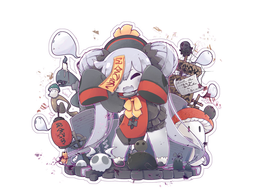 1girl bow chinese_clothes colored_skin death_princess_(disgaea) disgaea double_bun grey_skin hair_bun highres jiangshi jiangshi_costume long_hair makai_senki_disgaea_7 twintails yellow_bow zombie