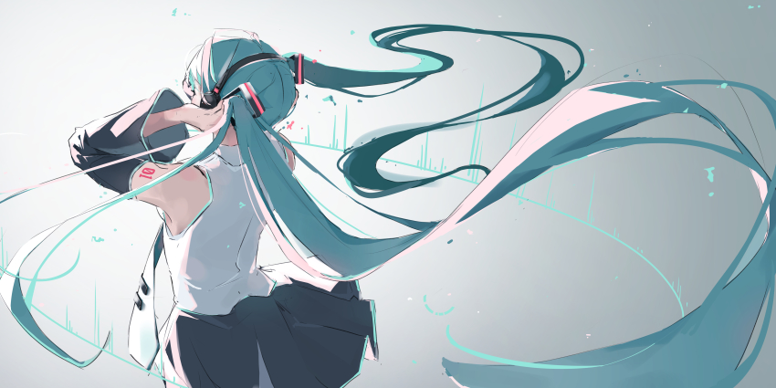 1girl absurdly_long_hair absurdres aqua_hair aqua_necktie bare_shoulders black_skirt black_sleeves cowboy_shot detached_sleeves floating_hair from_behind gradient_background graphic_equalizer hair_ornament hands_on_headphones hands_on_headwear hands_up hatsune_miku headphones highres long_hair miniskirt necktie number_tattoo pleated_skirt potato_(user_vmjc8744) shirt shoulder_tattoo skirt sleeveless sleeveless_shirt solo tattoo twintails very_long_hair vocaloid white_shirt