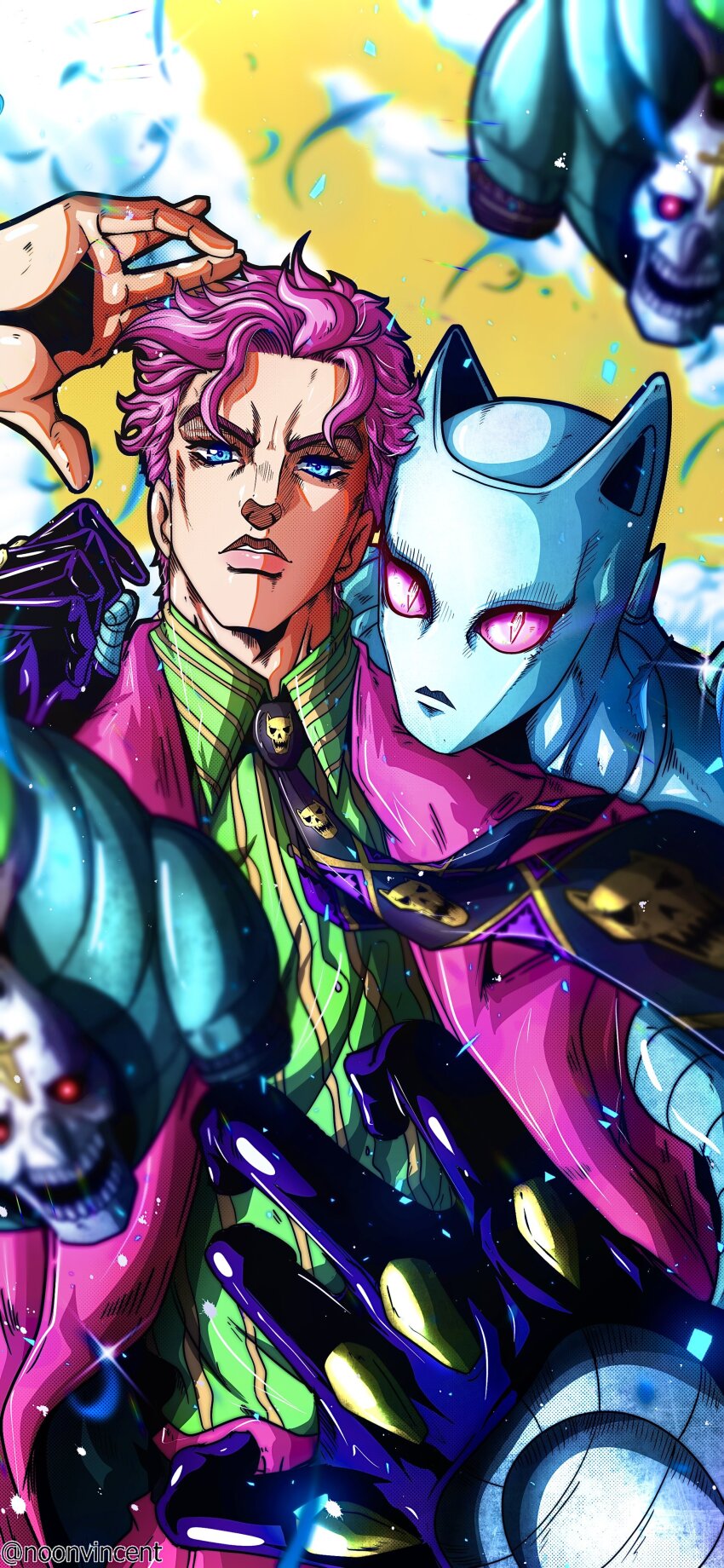 1boy 1other absurdres black_gloves black_necktie blue_eyes blue_skin cloud colored_sclera colored_skin diamond_wa_kudakenai gloves green_shirt half_gloves highres jacket jojo_no_kimyou_na_bouken killer_queen kira_yoshikage multicolored_necktie necktie noonvincent pants parted_lips pink_hair pink_jacket pink_pants pink_sclera purple_necktie sheer_heart_attack shirt sky stand_(jojo) striped_clothes striped_shirt tuxedo yellow_shirt yellow_sky