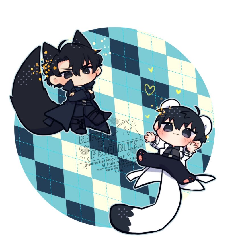 2boys :/ animal_ears black_coat black_eyes black_hair black_shirt cat_ears cat_tail coat collared_shirt commentary crossed_arms crossed_legs double-parted_bangs full_body hair_between_eyes highres kemonomimi_mode kim_dokja kimidori_22 male_focus mouse_ears mouse_tail multiple_boys omniscient_reader&#039;s_viewpoint open_clothes open_coat outstretched_legs paw_shoes popped_collar shirt short_hair smile symbol-only_commentary tail white_coat yoo_joonghyuk