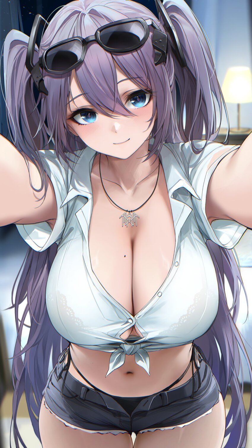 1girl alternate_costume azur_lane bed bedroom bikini black_bikini black_panties blue_eyes blush bra bra_visible_through_clothes breasts button_gap buttons cleavage collarbone cowboy_shot crop_top cutoffs desk_lamp dress_shirt eyewear_on_head grey_hair hair_between_eyes hair_ornament highleg highleg_panties highres indoors intrepid_(azur_lane) jewelry lace lace-trimmed_bra lace_trim lamp large_breasts long_hair looking_at_viewer midriff miniskirt mole mole_on_breast navel necklace open_clothes open_fly open_shorts outstretched_arms panties partially_unbuttoned re0n reaching reaching_towards_viewer shirt short_shorts shorts side-tie_panties sidelocks skirt sleep_token_(band) smile standing sunglasses swimsuit thick_thighs thigh_gap thighs tied_shirt two_side_up underwear very_long_hair white_shirt
