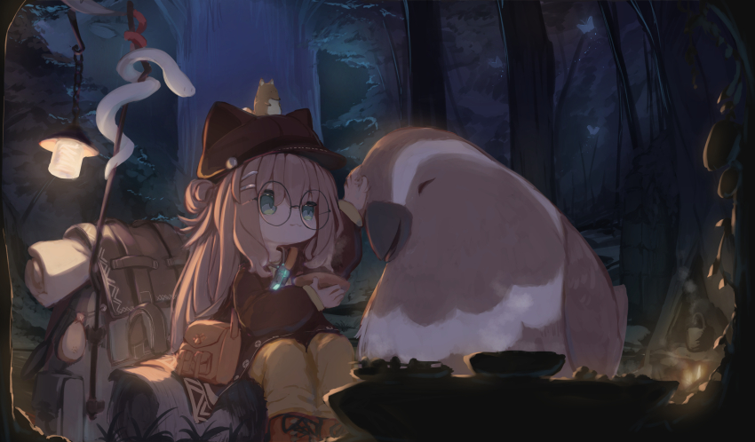 1girl :3 absurdres alternate_costume animal animal_ear_headwear animal_ears backpack bag bird black_hat black_jacket brown_bag brown_hair bug butterfly camping cat_ears closed_mouth commission fake_animal_ears food food_request forest glasses green_eyes grey_bag hair_between_eyes hairclip hat highres holding holding_food insect jacket kipfel_(vrchat) lamp long_hair long_sleeves looking_at_animal mochiyama_kingyo mok4suke nature night orange_shoes outdoors oversized_animal pants parallel_hairclips round_eyewear shoes shoulder_bag sitting skeb_commission smile snake sneakers solo sparrow tree very_long_hair vrchat yellow_pants