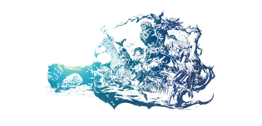 3girls 5boys adventurer_(ff11) amano_yoshitaka animal_ears bandana bird boots breasts cat_ears chocobo elf elvaan facial_mark ff_gradient final_fantasy final_fantasy_xi galka gloves hat highres holding holding_staff hume long_hair medium_breasts mithra_(ff11) moogle multiple_boys multiple_girls official_art pointy_ears riding riding_bird scarf second-party_source short_hair staff tarutaru transparent_background whisker_markings witch_hat
