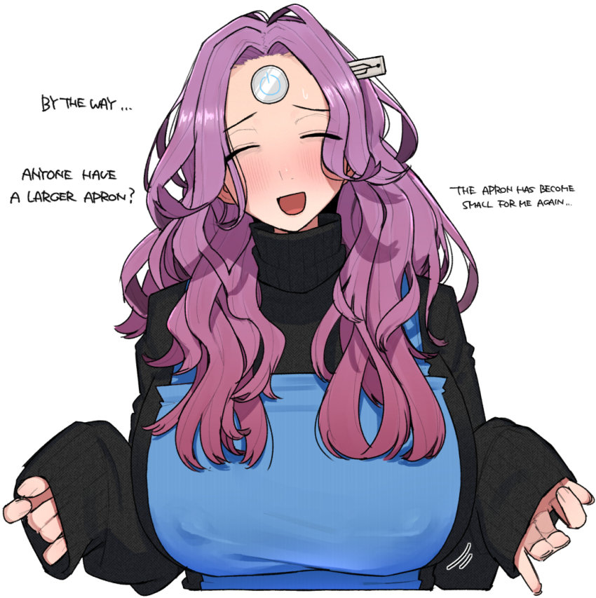 1girl apron blush breasts english_text large_breasts long_hair long_sleeves looking_at_viewer ohasi open_mouth original pc_(ohasi) purple_hair simple_background sleeves_past_wrists solo sweater turtleneck upper_body usb white_background
