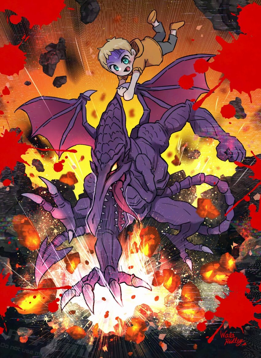 1girl aged_down blonde_hair blood claws clenched_hand commentary donkey_kong_(series) donkey_kong_bananza english_commentary highres metroid nintendo no_pupils open_mouth pants parody ridley rock samus_aran shaded_face sharp_teeth shoes short_hair signature sweat tail teeth tongue wakaba_(wata_ridley) wings