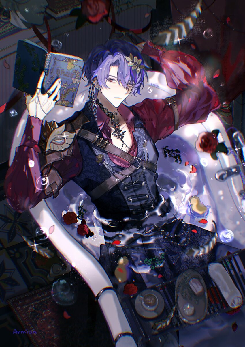 1boy alternate_costume armian artist_name bar_soap black_pants black_vest book candle chromatic_aberration closed_mouth collared_shirt cup disposable_cup dr._ratio_(honkai:_star_rail) earrings english_text feathers flower hair_intakes hair_ornament hand_towel highres holding holding_book honkai:_star_rail honkai_(series) jewelry leaning_back looking_at_object male_focus necklace pants parted_bangs partially_submerged purple_hair red_eyes red_flower red_petals red_rose red_shirt rose rubber_duck shirt sitting soap solo teacup towel vest watermark