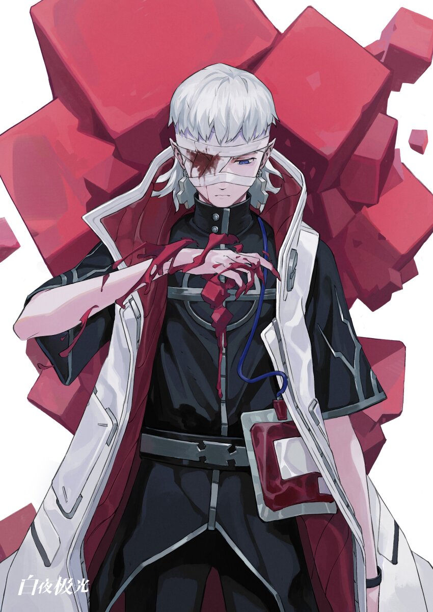 1boy absurdres alchemy_stars bandage_over_one_eye bandages belt blood blood_bag bloody_bandages blue_eyes chenrong96 closed_mouth coat cross cross_earrings earrings grey_hair hand_up highres jewelry looking_down male_focus nails_(alchemy_stars) short_hair short_sleeves white_coat