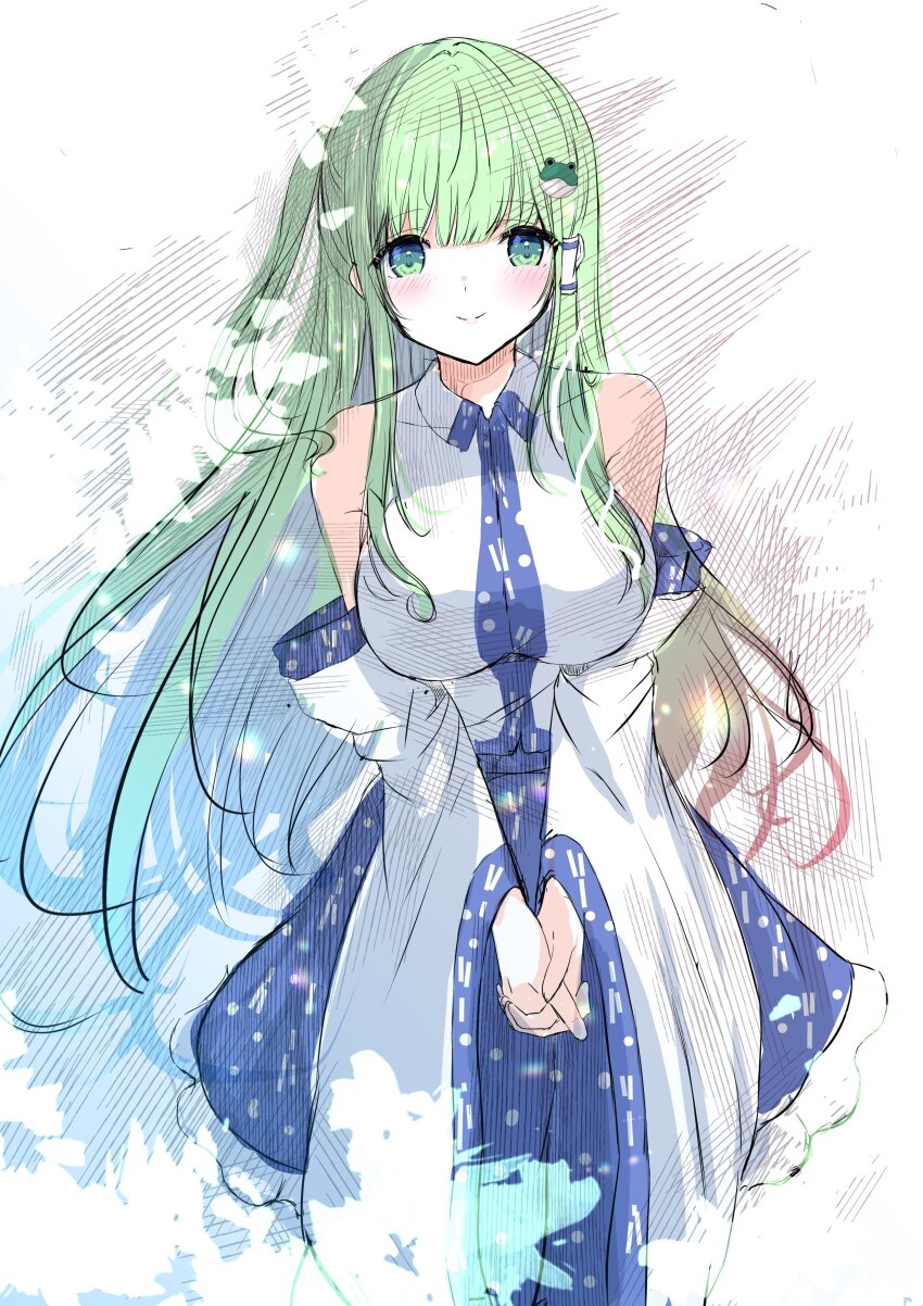 1girl absurdres bare_shoulders blue_skirt blunt_bangs blush breasts collared_shirt commentary detached_sleeves dot_nose facing_viewer frilled_skirt frills frog_hair_ornament green_eyes green_hair hair_ornament hair_tubes hands_on_lap highres kochiya_sanae large_breasts long_hair long_sleeves looking_at_viewer own_hands_together patterned_clothing print_skirt shirt single_hair_tube single_sidelock skirt skirt_set sleeveless sleeveless_shirt smile snake_hair_ornament solo tomo_(uguisu-tei) touhou upper_body very_long_hair white_background wide_sleeves wing_collar