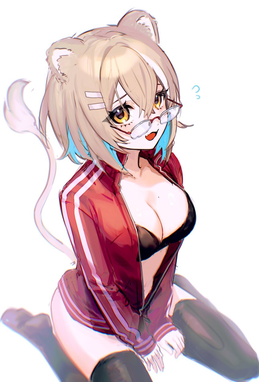 1girl animal_ears black_bra black_thighhighs blue_hair bra breasts brown_hair collarbone colored_inner_hair eyelashes fang flying_sweatdrops glasses hair_between_eyes hair_ornament hairpin hazumi_aileen highres indie_virtual_youtuber jacket large_breasts lion_ears lion_girl lion_tail long_sleeves looking_at_viewer medium_hair milkuriem mole mole_on_breast multicolored_hair open_clothes open_jacket open_mouth red_jacket simple_background sitting skin_fang solo tail thighhighs track_jacket underwear virtual_youtuber wariza white_background yellow_eyes