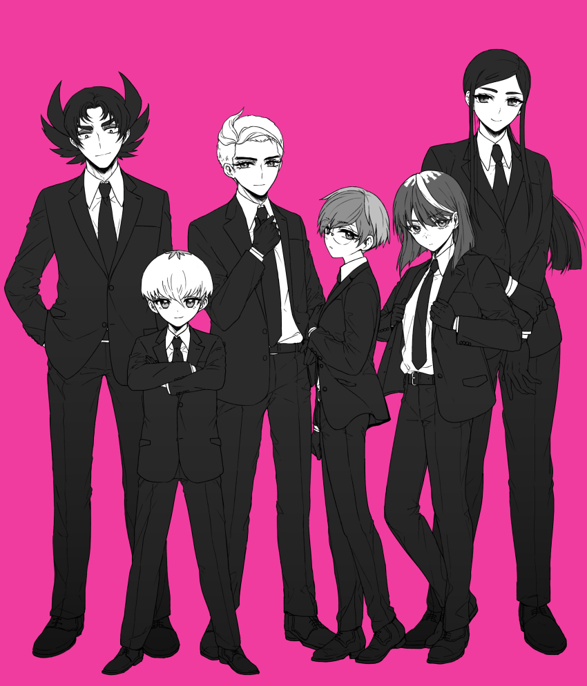 3boys 3girls absurdres ahoge alternate_costume atticus_(pokemon) closed_mouth collared_shirt commentary_request crossed_arms eri_(pokemon) eyelashes formal_clothes giacomo_(pokemon) glasses gloves hand_on_own_arm highres jacket long_hair long_sleeves matching_outfits medium_hair mela_(pokemon) monochrome multicolored_hair multiple_boys multiple_girls necktie nintendo ortega_(pokemon) pants penny_(pokemon) pink_background pokemon pokemon_sv round_eyewear shirt shoes short_hair sidelocks simple_background smile standing suit suzukinoko1021 team_star two-tone_hair very_short_hair