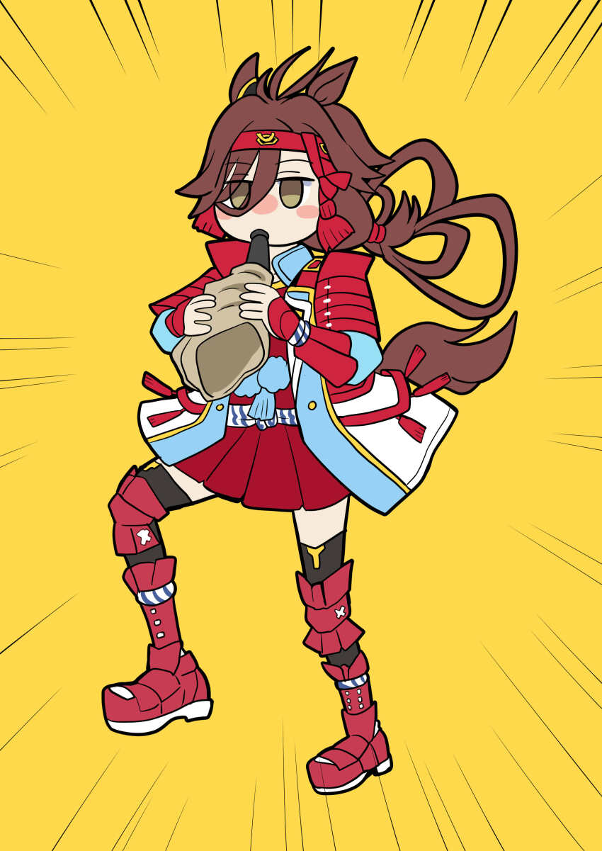 1girl absurdres animal_ears antenna_hair armor blue_jacket breasts brown_hair hair_between_eyes hand_on_own_hip headband highres holding horn_(instrument) horse_ears horse_girl horse_tail jacket japanese_armor kote kyoufuu_all_back_(vocaloid) long_hair looking_at_viewer no_reason_(umamusume) open_mouth parody red_shirt shirt shoulder_armor small_breasts smile sode solo tail umamusume v-shaped_eyebrows wakku_kan yellow_background