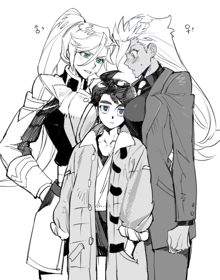 ! 1boy 2girls :t ? between_breasts blue_eyes blush breasts clenched_teeth closed_mouth coat collared_shirt commentary_request cowboy_shot dark-skinned_female dark_skin genderswap genderswap_(mtf) green_eyes greyscale gundam gundam_tekketsu_no_orphans hair_between_eyes hand_in_pocket head_between_breasts highres jacket large_breasts long_hair looking_at_viewer looking_down mars_symbol mcgillis_fareed mikazuki_augus monochrome multiple_girls necktie open_clothes open_coat open_jacket orga_itsuka ponytail shirt simple_background spot_color standing sumooo_(ga_ilil) teeth venus_symbol very_long_hair yellow_eyes