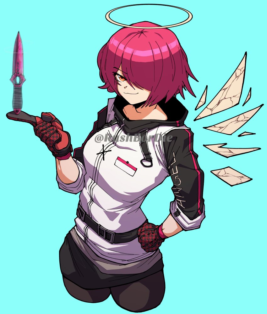 1girl absurdres arknights balancing_on_finger black_pantyhose black_skirt blue_background closed_mouth commentary commission counter-strike_(series) counter-strike_2 cowboy_shot dagger detached_wings english_commentary exusiai_(arknights) gloves hair_over_one_eye halo highres holding holding_dagger holding_knife holding_weapon hugo_(rushbordie) jacket knife looking_at_viewer orange_eyes pantyhose pink_hair red_gloves short_hair simple_background skeleton_knife skirt smile solo traditional_halo weapon white_jacket wings yellow_halo