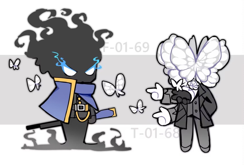1005nemui 1boy 1other animal_head black_coat black_fire black_gloves black_jacket black_pants chibi coat der_freischuetz_(project_moon) finger_gun fire flaming_head flower full_body funeral_of_the_dead_butterflies gloves gun highres id_number jacket lobotomy_corporation pants project_moon rifle rose standing weapon white_gloves