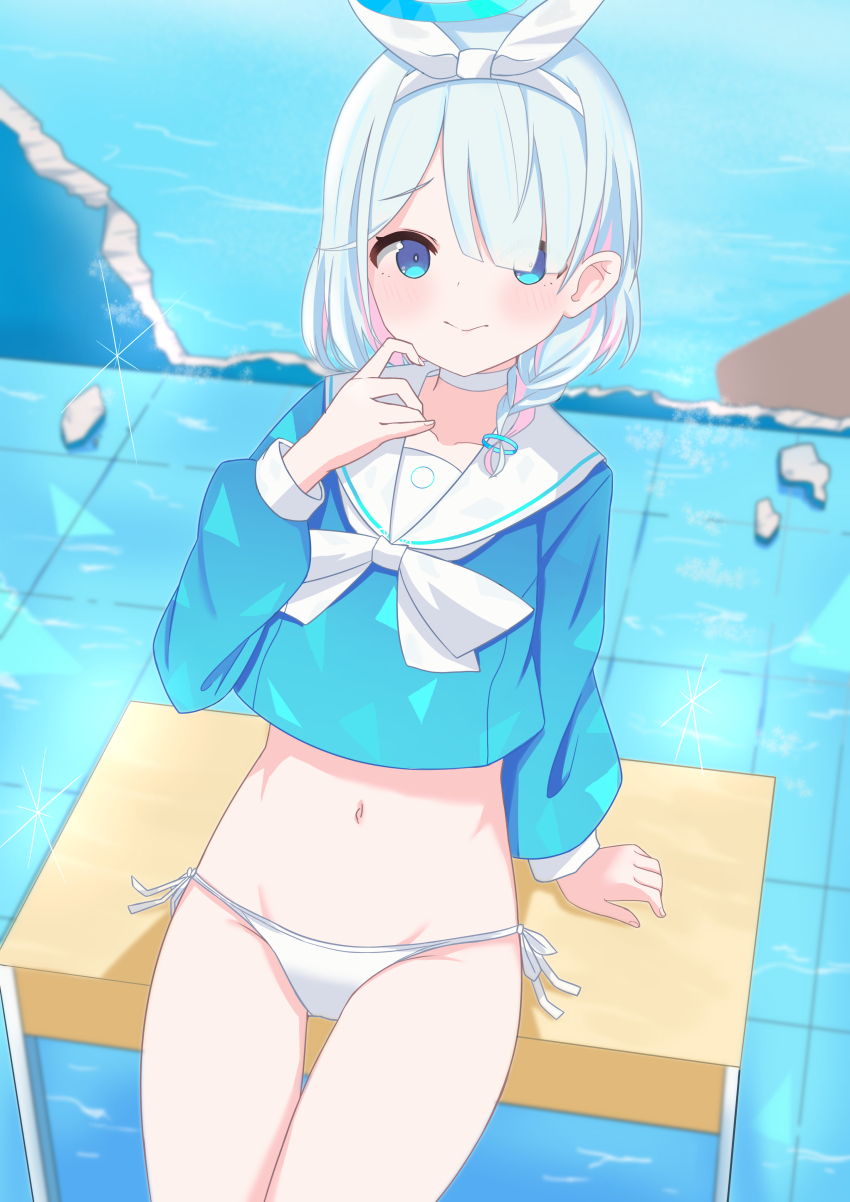 1girl :&gt; absurdres arona_(blue_archive) bikini bikini_bottom_only blue_archive blue_eyes blue_halo blush braided_sidelock closed_mouth desk hair_ribbon halo hand_on_own_cheek hand_on_own_face highres loli looking_at_viewer navel no_pants panties ribbon school_desk shy side-tie_bikini_bottom solo stomach swimsuit thighs underwear white_bikini white_panties youyoukai