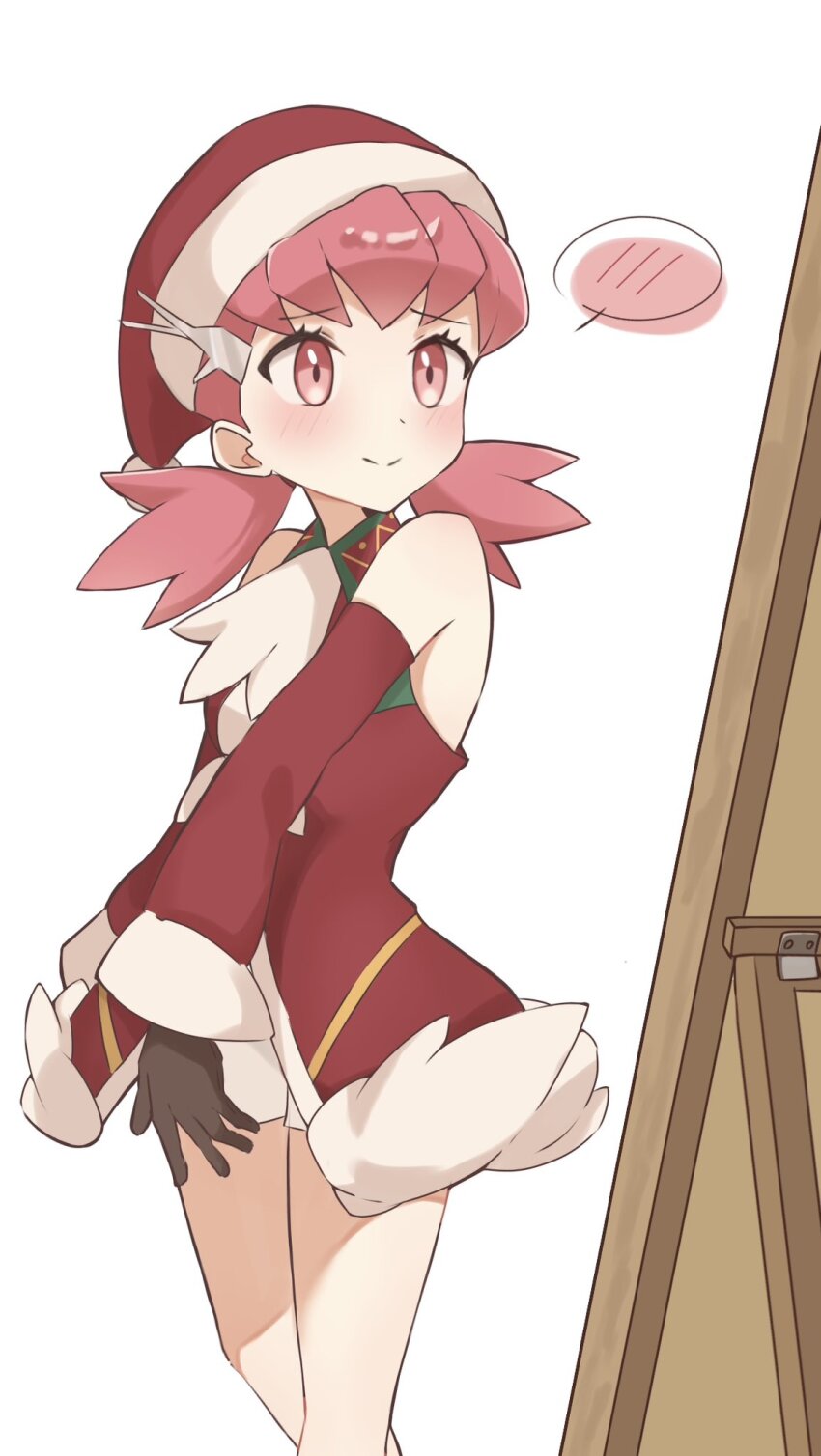 1girl bare_shoulders black_gloves closed_mouth detached_sleeves dress gloves hat highres long_hair looking_at_mirror mirror nintendo official_alternate_costume pink_eyes pink_hair pokemon pokemon_masters_ex red_dress red_hat santa_hat sarada_(supersarada_zin) shorts smile solo spoken_blush twintails white_background white_shorts whitney_(holiday_2022)_(pokemon) whitney_(pokemon)