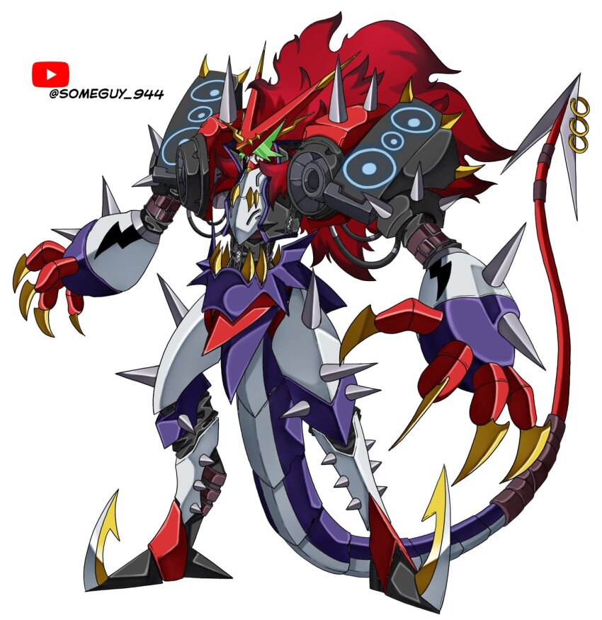 armor claws digimon digimon_(creature) fusion heavymetaldramon highres oridigi shoutmon solo someguy944 spikes tail youtube_logo youtube_username