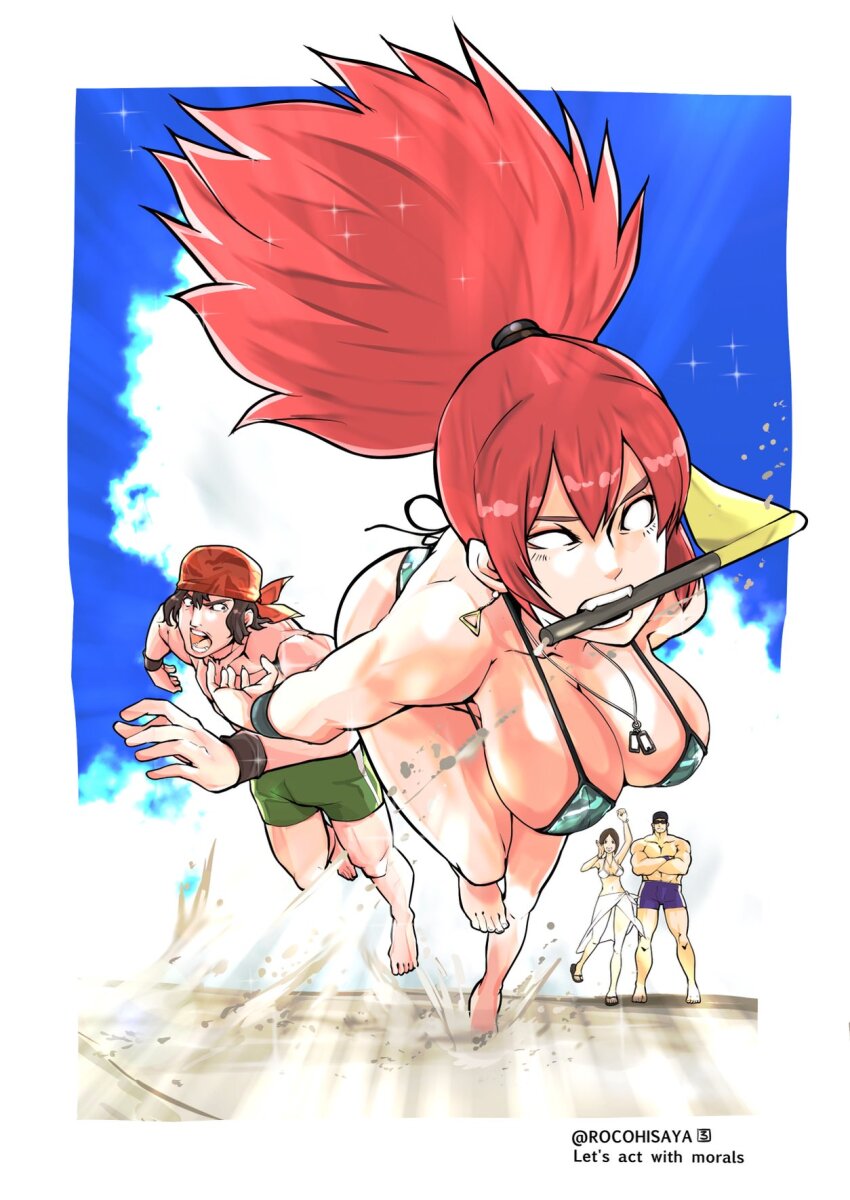 2boys 2girls ass beach bikini biting breasts clark_still cleavage cloud cloudy_sky dog_tags earrings highres jewelry large_breasts leona_heidern multiple_boys multiple_girls ponytail ralf_jones red_hair sarong sky snk swimsuit the_king_of_fighters whip_(kof)
