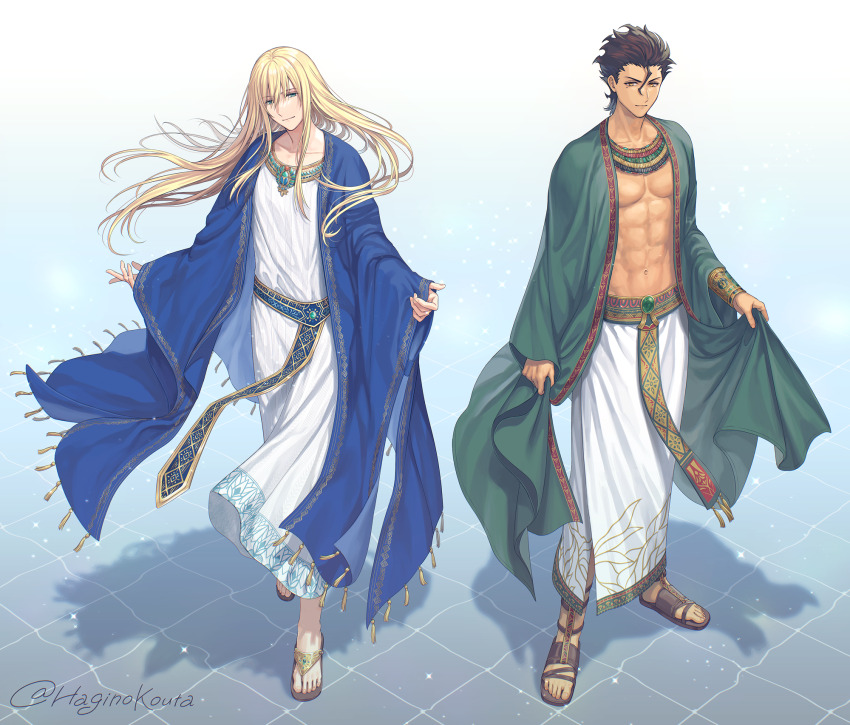 2boys abs black_hair blonde_hair blue_eyes brown_eyes brown_footwear closed_mouth collarbone commentary_request diarmuid_ua_duibhne_(fate) diarmuid_ua_duibhne_(lancer)_(fate) fate/grand_order fate_(series) fionn_mac_cumhaill_(fate/grand_order) hagino_kouta hair_between_eyes highres long_hair male_focus mole mole_under_eye multiple_boys navel open_clothes robe sandals smile standing tile_floor tiles twitter_username very_long_hair white_background white_robe