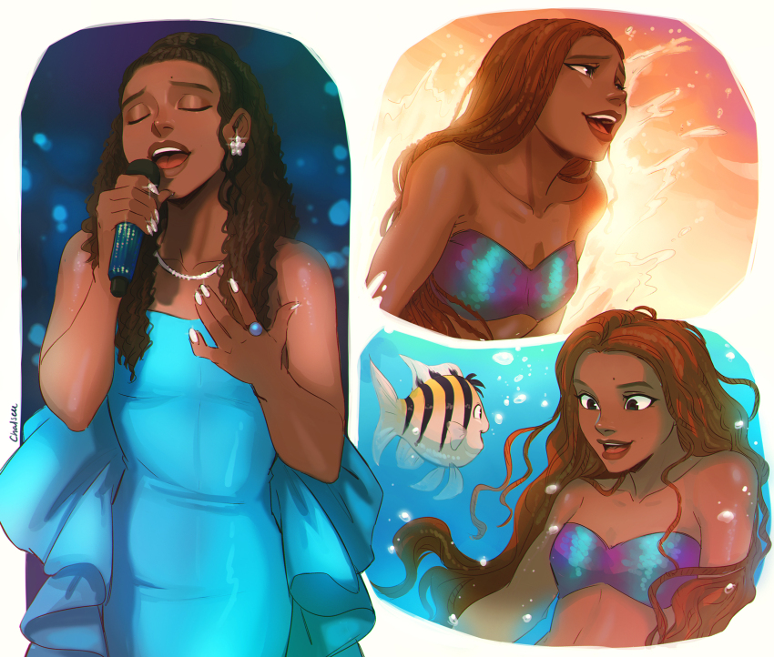 1girl ariel_(disney) bare_shoulders blue_dress brown_hair bubble chalseu closed_eyes collarbone dark-skinned_female dark_skin dreadlocks dress earrings fish flounder_(the_little_mermaid) highres holding holding_microphone jewelry long_hair mermaid microphone mole mole_on_forehead monster_girl multiple_views music open_mouth ring singing the_little_mermaid_(2023) underwater upper_body white_nails