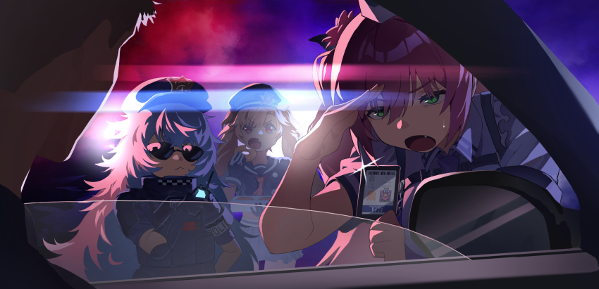 1boy 3girls :&lt; a.c.p.u._(nikke) armband black_gloves black_hat black_shirt brown_hair bulletproof_vest car_interior closed_mouth collared_shirt commentary_request donut fang fluffy_hair food garrison_cap gloves goddess_of_victory:_nikke hair_between_eyes hand_up hashtag-only_commentary hat highres holding holding_food holding_walkie-talkie long_hair looking_at_another messy_hair miniskirt miranda_(nikke) multiple_girls necktie night open_mouth outdoors pastry_box pink_hair pleated_skirt poli_(nikke) police police_badge police_hat police_uniform policewoman purple_necktie quiry_(nikke) rear-view_mirror red_necktie sailor_collar sailor_shirt salute shirt short_sleeves skin_fang skirt squinting sunglasses sweatdrop tactical_clothes tongue twintails two-tone_hat two_side_up upper_body v-shaped_eyebrows very_long_hair walkie-talkie wge white_hair white_hat white_shirt
