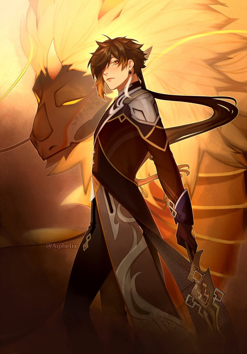 1boy aiphelix black_gloves brown_hair brown_suit closed_mouth earrings eyeliner eyeshadow formal_clothes genshin_impact gloves gradient_hair hair_between_eyes highres jewelry long_hair long_sleeves looking_at_viewer low_ponytail makeup male_focus multicolored_hair ponytail red_eyeshadow rex_lapis_(genshin_impact) single_earring suit tassel tassel_earrings vortex_vanquisher_(genshin_impact) zhongli_(genshin_impact)