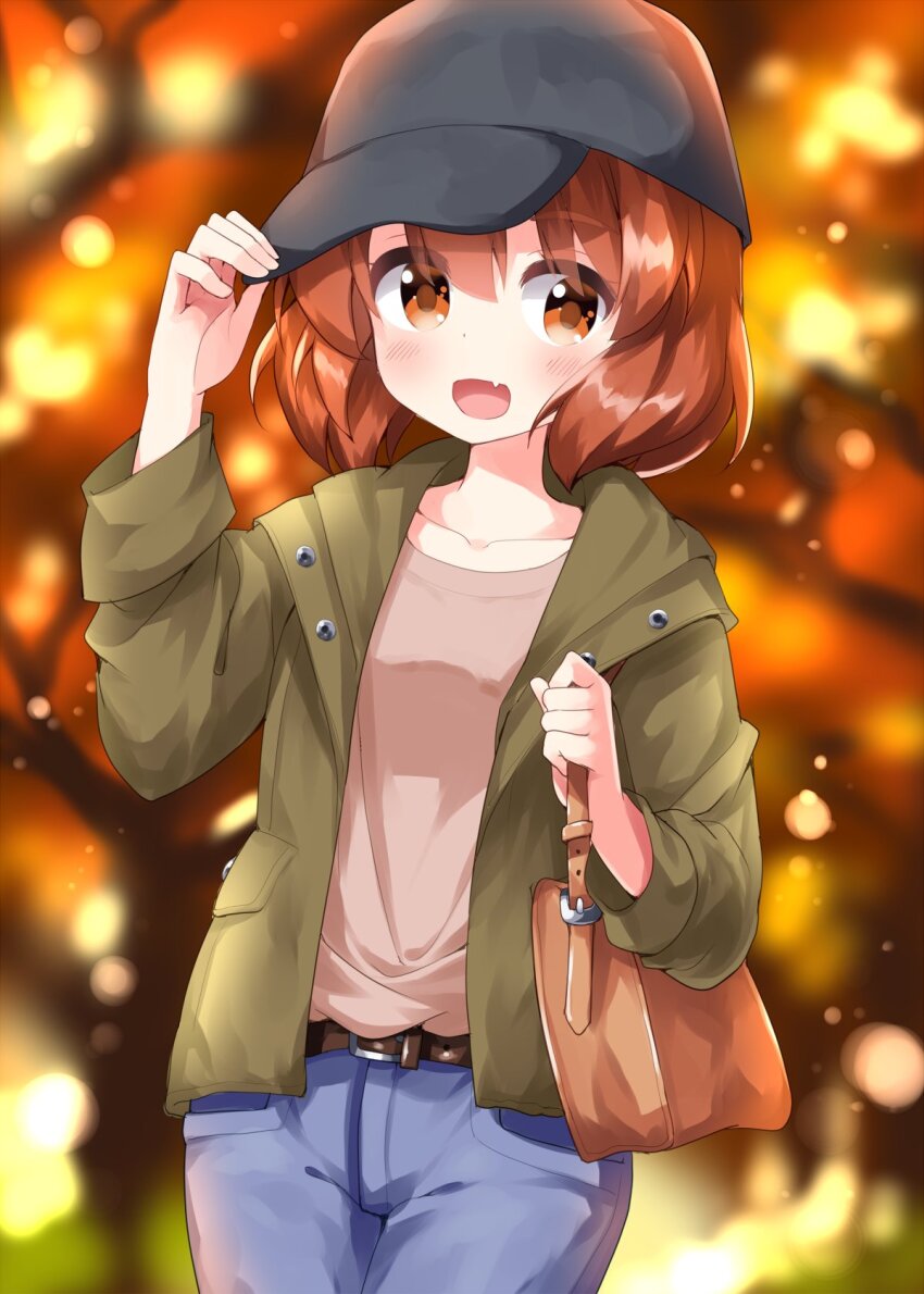 1girl :d arm_up black_hat blush brown_bag brown_shirt collarbone commentary_request cowboy_shot denim fang flat_cap green_jacket hand_up hat highres inokuma_youko jacket jeans kin-iro_mosaic long_sleeves looking_at_viewer open_clothes open_jacket open_mouth orange_eyes orange_hair pants ruu_(tksymkw) shirt short_hair smile solo