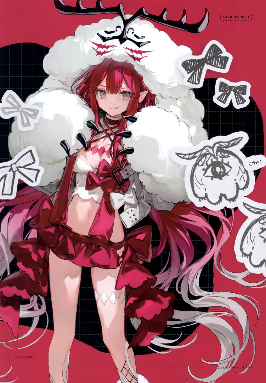 1girl absurdres baobhan_sith_(fate) baobhan_sith_(swimsuit_pretender)_(fate) baobhan_sith_(swimsuit_pretender)_(first_ascension)_(fate) breasts camisole cernunnos_(fate) character_hood chocoan cleavage comiket_103 detached_collar fate/grand_order fate_(series) fur-trimmed_jacket fur_trim grey_eyes hands_up headwear_with_attached_mittens highres jacket long_hair looking_at_viewer microskirt navel pink_hair pointy_ears red_skirt scan sidelocks skirt smile solo tongue tongue_out white_camisole white_jacket