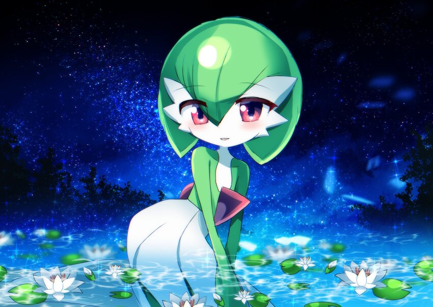 blush bob_cut chisen_maimai colored_skin dress flower gardevoir gen_3_pokemon green_hair green_skin highres in_water looking_at_viewer lotus multicolored_skin nintendo pink_eyes pokemon pokemon_(creature) smile two-tone_skin water white_dress white_skin