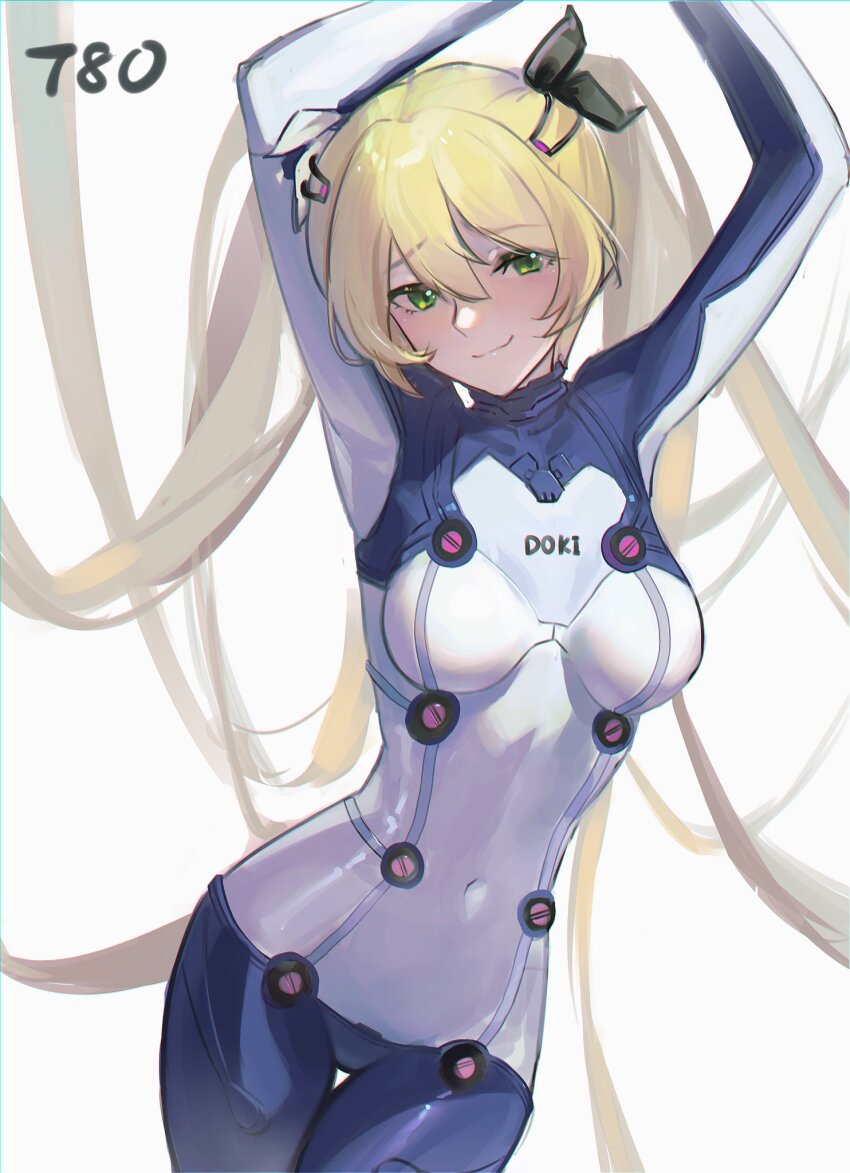 1girl arms_up blonde_hair bodysuit breasts character_name closed_mouth cosplay covered_navel cowboy_shot dokibird_(vtuber) green_eyes highres indie_virtual_youtuber long_hair looking_at_viewer mecha_pilot_suit medium_breasts neon_genesis_evangelion plugsuit_(cosplay) plugsuit_(evangelion) signature simple_background smile solo sticky_pot8o test_plugsuit_(evangelion) thigh_gap twintails very_long_hair virtual_youtuber white_background