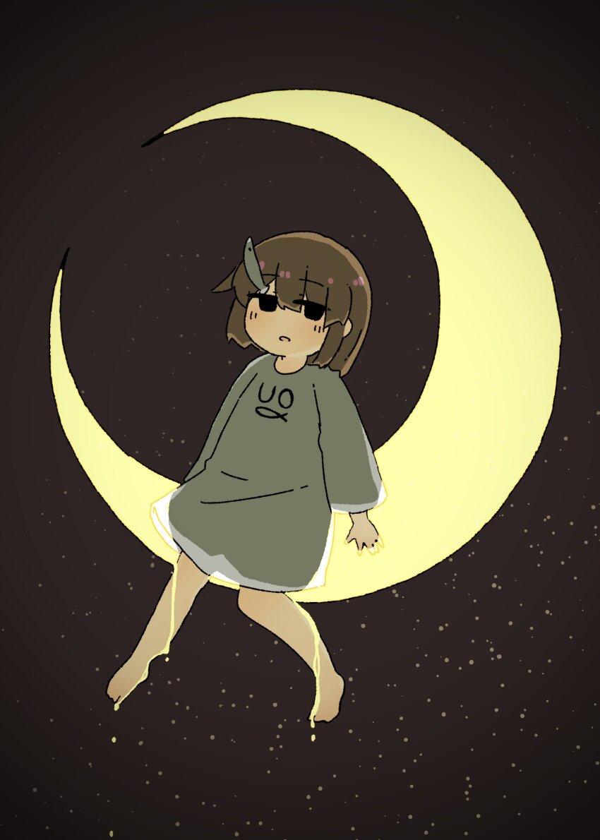 1girl barefoot black_eyes brown_hair crescent_moon dress dripping fish_hair_ornament full_body glowing grey_dress hair_ornament highres jitome kani_aji moon on_crescent original parted_lips short_hair sitting solid_eyes solo
