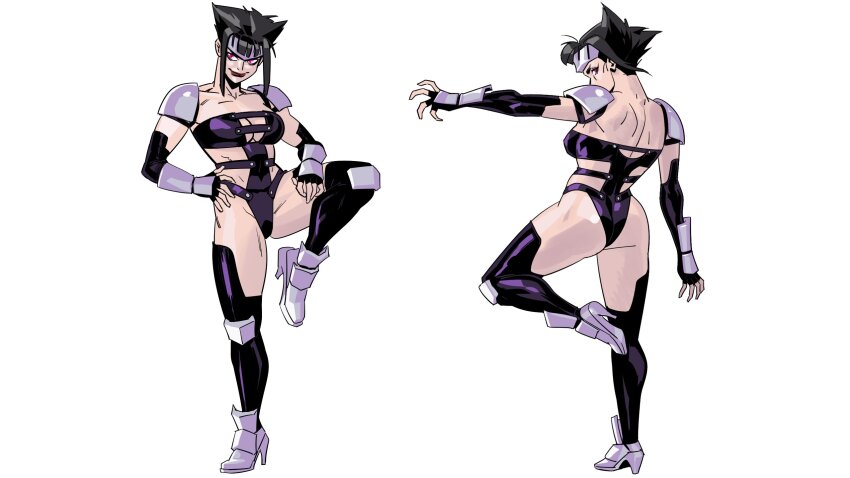 1girl armor ass black_hair black_thighhighs breasts diepod front_and_back full_body galaxy_fight high_heels highres juri_(galaxy_fight) juri_(galaxy_fight)_cosplay knee_pads leg_up leotard medium_breasts outstretched_arm pink_eyes purple_leotard purple_lips revealing_clothes short_hair shoulder_armor shoulder_pads sidelocks smile standing standing_on_one_leg street_fighter thighhighs thong_leotard