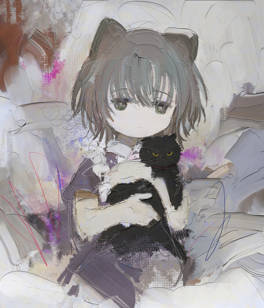 1girl animal animal_ears black_cat cat cat_ears cat_girl ciel_(paradis47) closed_mouth highres holding holding_animal holding_cat looking_at_viewer original short_hair short_sleeves solo
