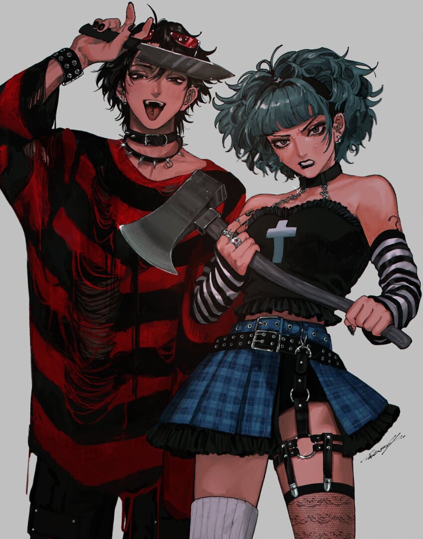 1boy 1girl ? aqua_hair arm_tattoo axe bags_under_eyes barbell_piercing belt belt_buckle belt_collar black_arm_warmers black_belt black_choker black_eyeliner black_eyes black_garter_straps black_hair black_hairband black_lips black_nails black_pants black_shirt black_shorts black_trim black_tube_top blue_belt blue_skirt bracelet buckle choker collar commentary cowboy_shot cross cross_print ear_piercing earrings eyeliner eyewear_on_head fashion fingernails frilled_skirt frilled_tube_top frills garter_straps genki_heiki goth_fashion green_eyes hairband hatchet_(axe) highres holding holding_axe holding_knife horizontal-striped_clothes index_ring industrial_piercing jewelry kitchen_knife knife lace lace_thighhighs latin_cross long_fingernails long_sleeves looking_down makeup micro_shorts middle_ring mismatched_thighhighs multiple_belts multiple_necklaces multiple_piercings multiple_rings nervous_sweating o-ring_legwear_garter original pants piercing plaid_clothes plaid_skirt red-tinted_eyewear red_shirt ribbed_thighhighs rimless_eyewear ring shirt shorts shorts_under_skirt signature single_earring skirt sleeves_past_fingers sleeves_past_wrists spiked_collar spikes strapless striped_arm_warmers striped_clothes striped_shirt studded_bracelet studded_choker sweat symbol-only_commentary tattoo teeth thighhighs tinted_eyewear tongue tongue_out tongue_piercing torn_clothes torn_shirt tube_top two-tone_arm_warmers upper_teeth_only white_arm_warmers wrist_belt